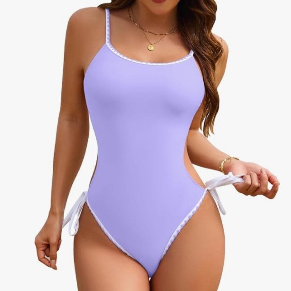 NWOT Monokini Purple Trimmed Swimsuit Women Tummy Control Slimming One-Piece